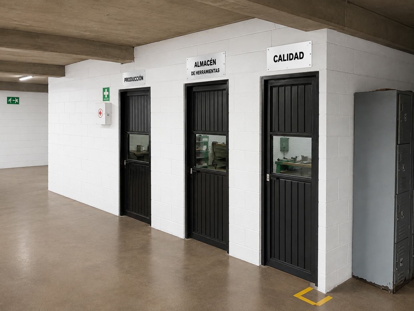 Pasillo de Producción, Almacén de Herramientas y Calidad
