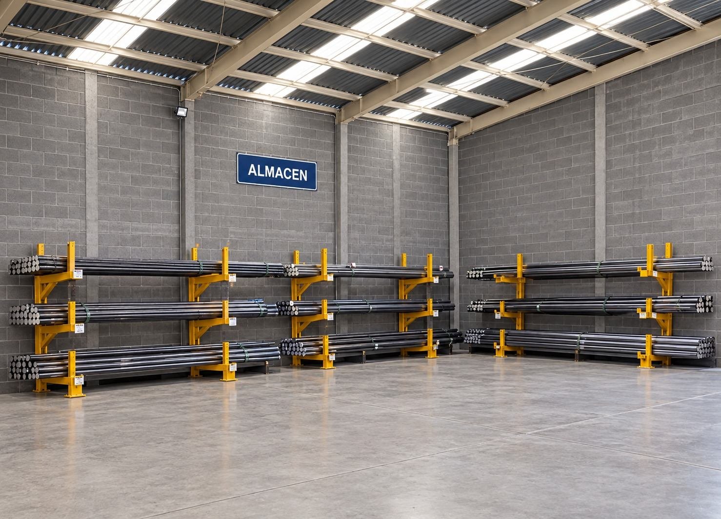 Almacén de barras de acero en racks industriales