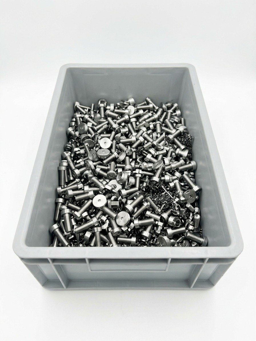 Tornillos de acero inoxidable en contenedor, producción en lote