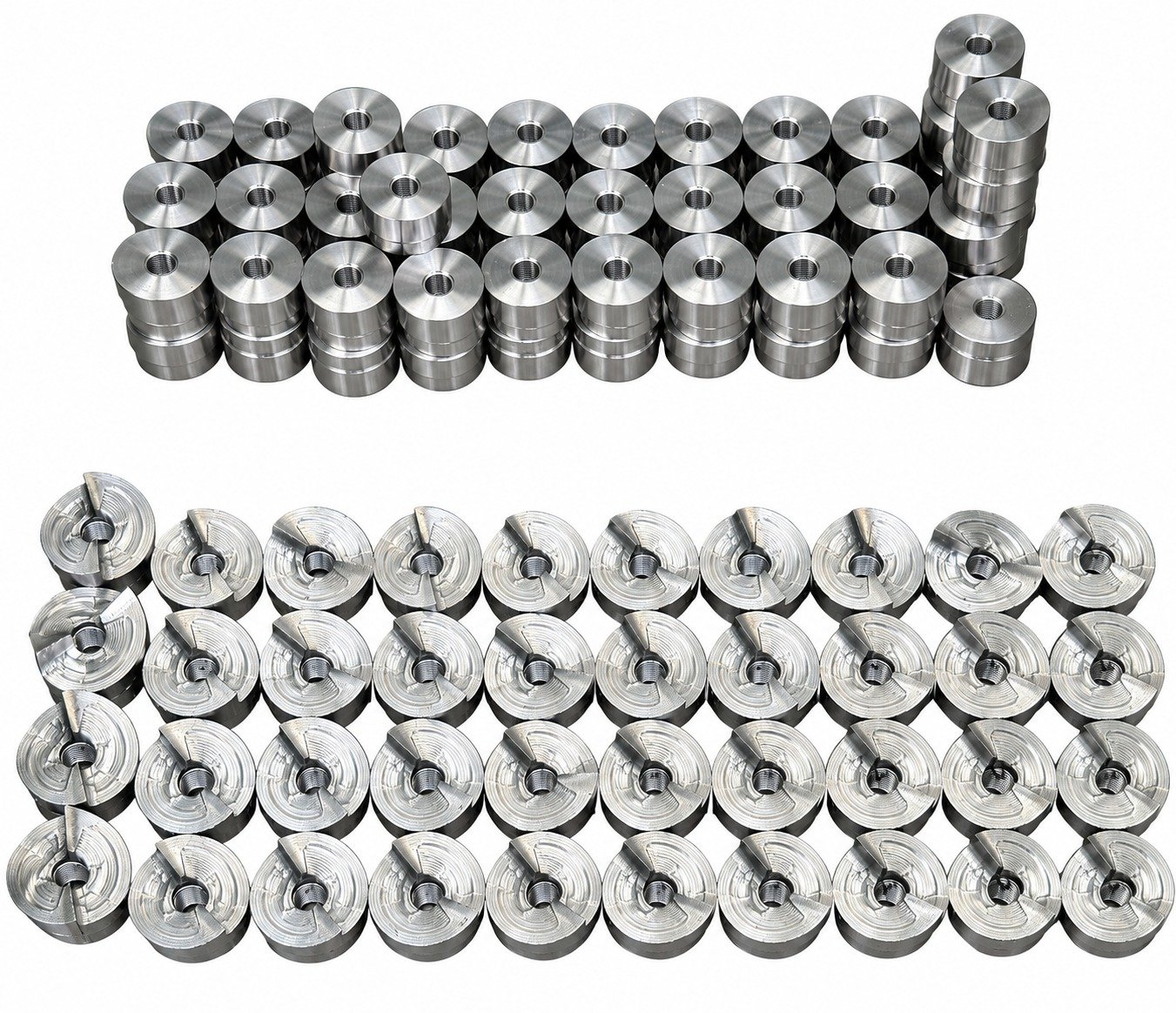 Lote de piezas cilíndricas de aluminio, lisas y con maquinado de cara