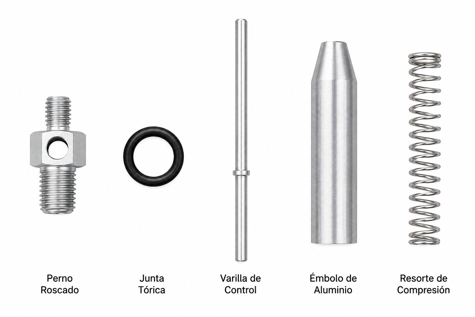 Composición de piezas maquinadas: perno roscado, junta tórica, varilla de control, émbolo de aluminio y resorte de compresión